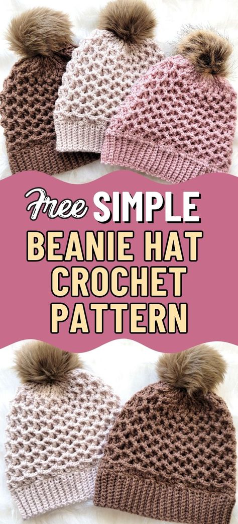 This simple beanie hat crochet pattern is a delightful women's crochet beanie free pattern with amazing texture. This DK weight crochet hat pattern can also be made in sizes Toddler, Child and Adult. This simple hat crochet pattern free tutorial comes with pictures and step by step instructions making it a crochet project even beginners can try! Crochet Hats Free Pattern Ladies Chunky, Fast Crochet Hats Free Pattern, Crochet Textured Hat, Basic Hat Crochet Pattern Free, Free Crochet Ribbed Hat Patterns, Crochet Ladies Hats, Crochet Womens Hat Pattern, Crochet Hats In The Round Free Pattern, Crochet Toboggan Hat