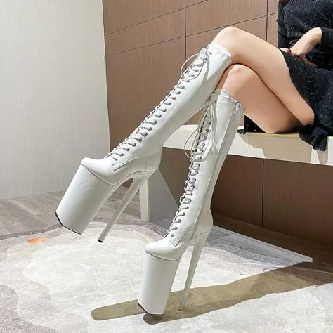 Thigh High White Boots, Long High Heels, Extreme High Heel Shoes, 12 Inch Heels, Heeled Sneakers, Dance Boots, Dance Women, High Heel Platform, Stage Show