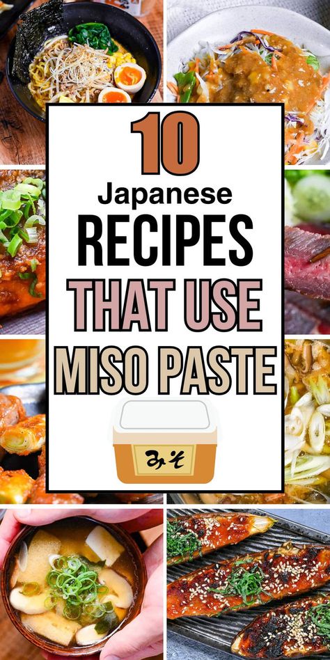 Collage featuring traditional miso paste dishes including steaming ramen, tender glazed mackerel, classic miso soup, and marinated steak surrounding an illustrated miso container Soup With Miso Paste, Miso Soup Add Ins, Miso Ramen Recipes Authentic, Brown Miso Recipes, Miso Soup Recipe With Miso Paste, How To Use Miso Paste, Recipes Using White Miso Paste, White Miso Paste Recipes, White Miso Recipes