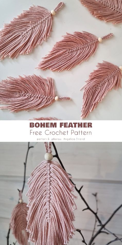 Feather Crochet Pattern Free, Feather And Fan Crochet Pattern Free, Macrame Feather Pattern, Dreamcatcher Crochet Pattern Free, Boho Amigurumi, Crochet Feather Pattern, Yarn Feathers Diy, Crocheted Feathers, Boho Crochet Patterns Free