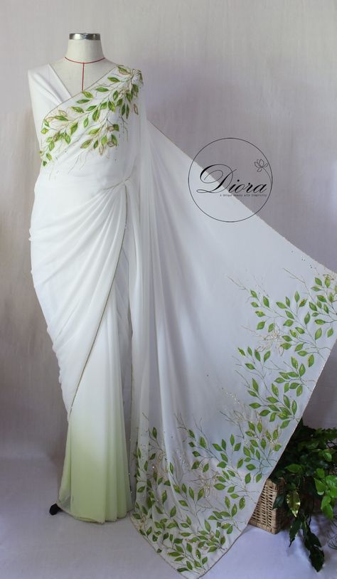 #diora #dioraembroidery #dioraapparel #details  #handpaintingsaree #embelishment #handembroidery #designersaree #designerdress #uniquebeauty #elegance #Emergingbrand #2022year Saree Making Ideas From Fabric, Painting Sarees Hand, Hand Painting Dress Design, Fabric Saree Design, Painting On Dresses Design, Design For Saree Painting, Fabric Paint On Saree, Simple Fabric Painting Designs For Sarees, Painting Ideas For Sarees