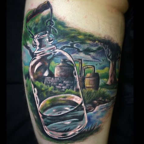 Moonshine tattoo by Johnny Smith Moonshine Still Tattoo, Moonshine Tattoo Ideas, Moonshine Tattoo, Jacksonville Oregon, Thigh Sleeve, Inspiring Tattoos, Moonshine Still, Effective Study Timetable, Trending Tattoo