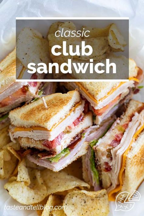 A popular sandwich seen on menus across the United States, this Club Sandwich is hearty and easy for a weeknight. Filled with layers of ham, turkey, bacon, cheese and veggies, this is a double-decker sandwich everyone loves. #recipe #sandwich #clubsandwich Club Sandwich Recipe, Clubhouse Sandwich, Sandwich Buffet, Turkey Club Sandwich, Recipe Sandwich, Recipes By Ingredients, Club Sandwich Recipes, Best Sandwich Recipes, Ham Sandwiches