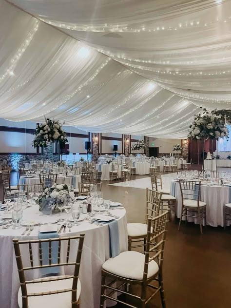 Add an extra touch of elegance to your wedding reception with sheer ceiling draping and twinkle lights. The fabric creates a soft, romantic ambiance in any space, while the twinkle lights add a whimsical touch. #illumepghdesign #pittsburgheventdesign #pittsburghevents #eventdesign #weddingdesign #eventdecorator #weddingdecorator ⁠#events #eventprofs #realwedding #pittsburghwedding #weddinginspiration #weddingdetails #ceilingdraping #twinklelights Wedding Hall Draping Ceiling Decor, White Draped Walls Wedding, Hall Draping Wedding, Reception Draping Ideas, Hanging Tulle From Ceiling, Ballroom Ceiling Decorations, Wedding Ceiling Draping With Lights, Tulle Draping Wedding Ceiling Decor, Party Drapery Ideas