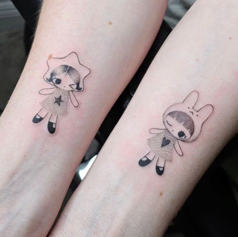 @ nuuriworld on ig Couple Matching Tattoo, Happy Friday The 13th, Doll Tattoo, Bunny Tattoos, Kawaii Tattoo, Matching Couple Tattoos, Cute Little Tattoos, Cute Tiny Tattoos, Custom Tattoo Design