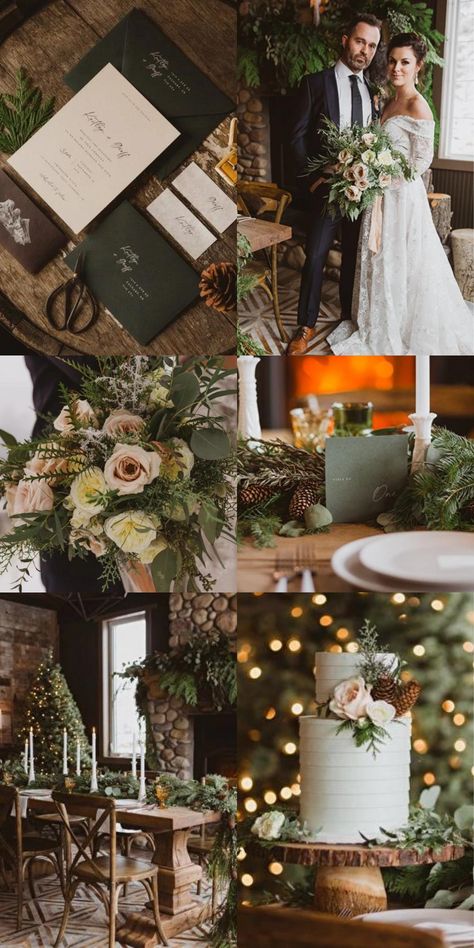 Winter Wedding Canada, Green Gold Winter Wedding, Fir Wedding Decorations, Emerald Green Weddings Winter, Fir Tree Wedding Decor, Winter Mountain Wedding Decor, Wedding In The Pines, Winter Wedding In The Mountains, Neutral Pine Green Wedding