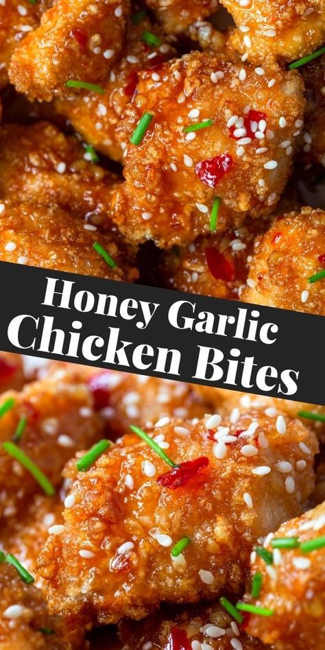 Honey Garlic Chicken Bites, Garlic Chicken Bites, Crispy Honey Chicken, Honey Chicken Recipe, Chicken Bites Recipes, Honey Glazed Chicken, Chicken Nugget Recipes, Healthy Honey, Honey Garlic Sauce