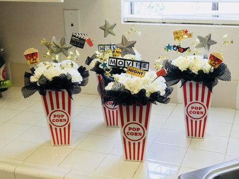 Movie Theme Centerpieces Diy, Movie Theme Dessert Table, Movie Premiere Centerpieces, Hollywood Party Centerpieces Diy, Movie Theater Centerpieces, Movie Party Centerpieces, Movie Night Centerpieces, Movie Theme Centerpiece Ideas, Hollywood Theme Centerpieces Diy