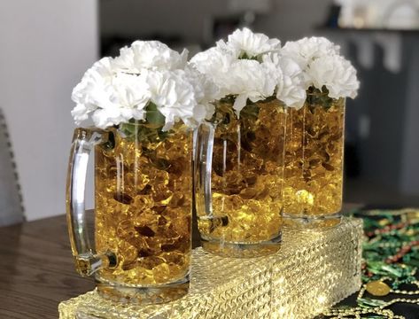 Modelo Decorations For Men, Mens 60th Birthday Party Centerpieces, Men’s Party Centerpieces, 50th Bday Centerpiece Ideas, 40th Centerpiece Ideas For Men, Men Birthday Centerpiece Ideas, Stock The Bar Bbq, Brewery Birthday Party, Beer Mug Centerpiece