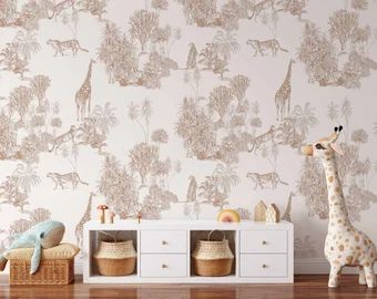 Rena Drenning-Ribeiro on Etsy Kindergarten Wallpaper, Safari Wallpaper, Jungle Mural, Baby Room Themes, Nursery Room Design, Baby Room Inspiration, Nursery Room Inspiration, Kids Room Wallpaper, Baby Room Design