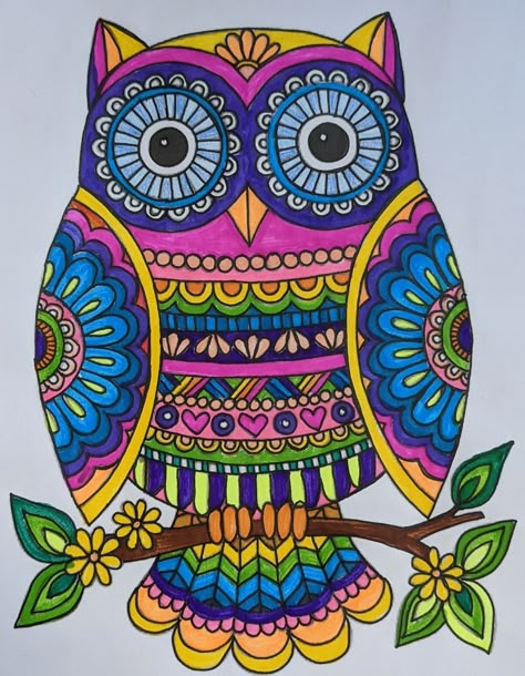 Owl Drawing Colorful, Mandala Art Simple Colourful, Birds Mandala Art, Owl Mandala Drawing, Colorful Owl Drawing, Owl Mandala Art, Mandala Owl, Bird Mandala, Owl Mandala