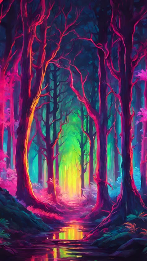 Neon Color Drawing, Interesting Backgrounds Art, Trippy Fantasy Art, Neon Landscape Painting, Magical Landscape Art, Neon Abstract Art, Black Light Drawings, Glow Paintings Canvas, Glow In The Dark Painting Ideas