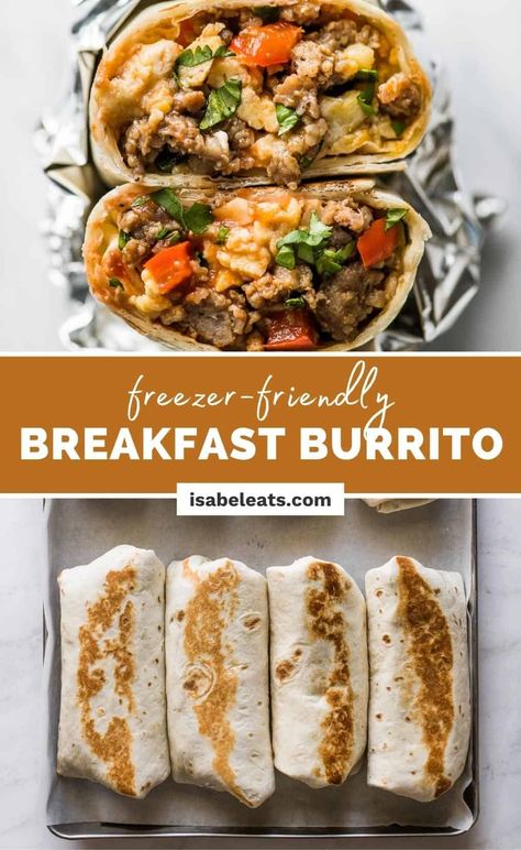 Easy breakfast burritos filled with eggs, breakfast sausage, chunky salsa, and shredded cheese. They're perfect for meal prep and are freezer friendly! Breakfast Burritos Freezer, Easy Breakfast Burrito Recipe, Burritos Freezer, Freezable Breakfast, Best Breakfast Burritos, Easy Breakfast Burritos, Healthy Breakfast Burrito, Breakfast Burritos Frozen, Freezer Breakfast Burritos