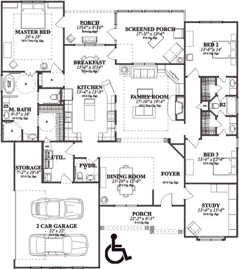 Traditional House Plan - 4 Bedrooms, 2 Bath, 2763 Sq Ft Plan 103-144 Accessible Floor Plans, Wheelchair House, Accessible House Plans, Wheelchair Accessible Home, Accessible Homes, Accessible House, Accessible Home, French Country House Plans, Monster House Plans