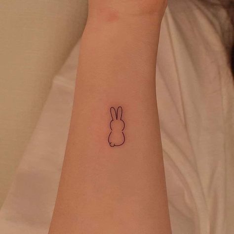 Bunny Tattoo For Men, Rabbit Ear Tattoo, Tattoo Bunny Rabbit, Baby Bunny Tattoo, Fine Line Bunny Tattoo, Simple Rabbit Tattoo, Simple Bunny Tattoo, Small Rabbit Tattoo, Bunny Outline Tattoo