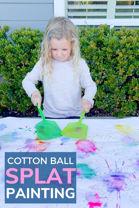 Cotton Ball Splat Painting - Toddler Approved Cotton Ball Activities, Splat Painting, Toddler Art Ideas, Trains Preschool, Cotton Ball Crafts, Toddler Daycare, Tuff Tray Ideas, Kindergarten Art Projects, Art Activities For Toddlers