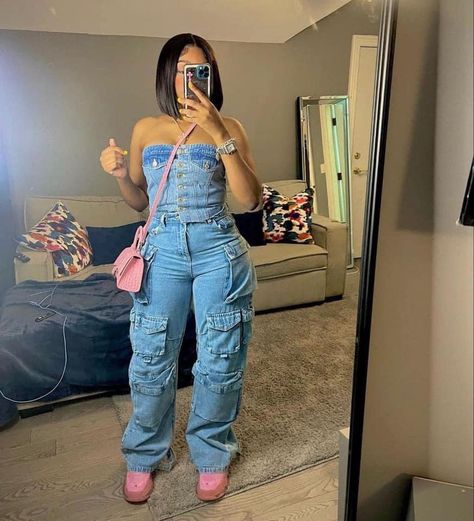 Jean Corset With Cargo Pants, Deniem Outfit Black Women, Cargo Pants Jumpsuit, Two Piece Jean Set, Fashion Nova Denim Jumpsuit, Birthday Denim Outfit, Daytime Birthday Outfit Summer, Denim Dress Birthday Outfit, Blue Jean One Piece Outfit