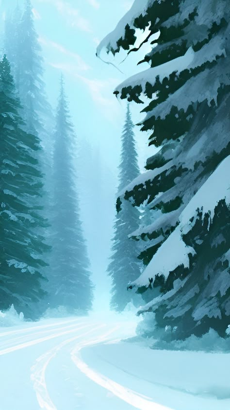 Snowy Forest Drawing, Winter Forest Illustration, November Backgrounds, Road Drawing, Drawing Scenery, Forest Drawing, Ice Art, Winter Watercolor, Digital Art Beginner