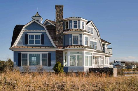 Dreamy seaside home in Maine with New England style architecture Coastal Maine Homes, New England Coastal Homes, Maine Beach House, Coastal Images, Gambrel Exterior, Dutch Farmhouse, Brindleton Bay, New England House, Seaside Inn