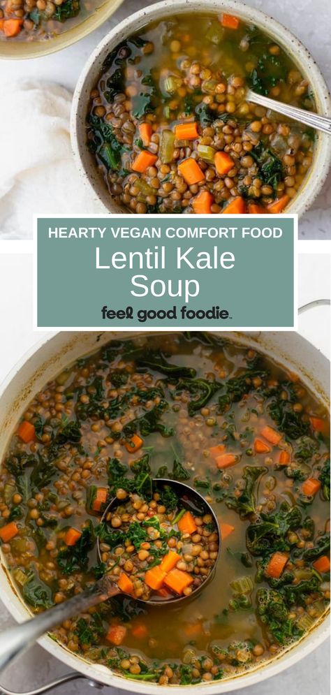 Kale Leek Soup, Easy Kale Soup, Vegan Kale Soup Recipes, Carrot Kale Soup, Kale And Lentil Recipes, Kale Recipes Soup, Lentils And Kale Recipe, Kale Recipes Vegan, Lentil Recipes Crockpot