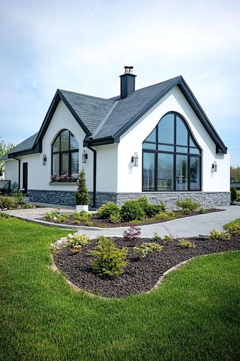 Home Exterior One Story, Stair Workout, Manicured Garden, French Colonial Style, Black Metal Roof, Cottage Houses, Improve Curb Appeal, One Level Homes, Stucco Homes