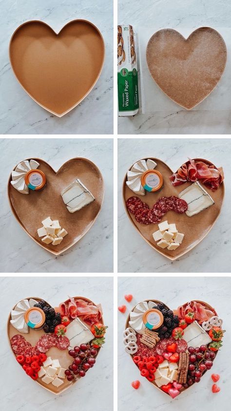 Simple Valentines Charcuterie Board, Charcuterie Board Heart Shaped, Heart Shaped Cheese Board, Small Valentine Charcuterie Board, Heart Cheese Board, Valentines Graze Box Ideas, Charcuterie Board Anniversary, Heart Charcuterie Board Ideas, Heart Shape Charcuterie Board