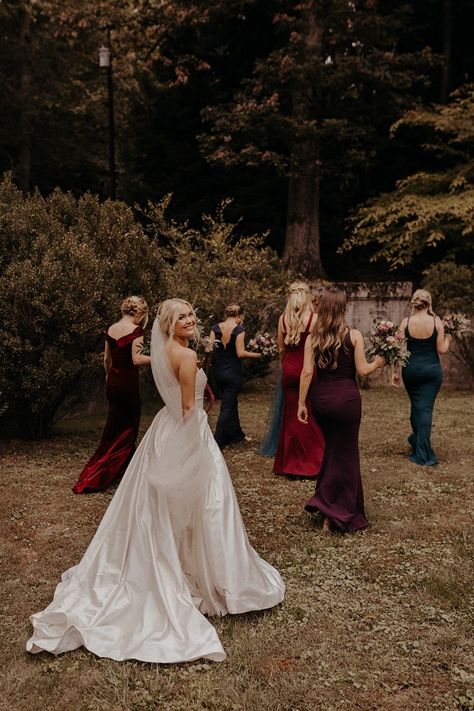 Twilight Wedding Bridesmaid, Mismatched Autumn Bridesmaid Dresses, Mismatched Textured Bridesmaid Dresses, Moody Fall Wedding Bridesmaid, Jewel Tone Wedding Dress Code, Moody Jewel Tone Wedding Bridesmaids, Dark Fairytale Wedding Bridesmaid, Mismatch Winter Bridesmaid Dresses, Jewel Toned Mismatched Bridesmaids