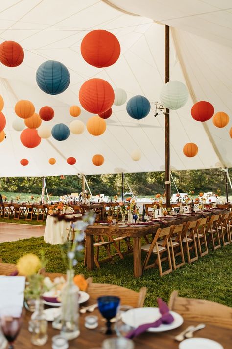 Party Lanterns, Wedding Tent Lanterns, Fun Colorful Wedding Decor, Hanging Decorations Wedding, Colorful Wedding Reception Tables, Backyard Colorful Wedding, Wedding In Tent Decor, Colorful Outdoor Party, Outdoor Wedding Decor Ideas Receptions