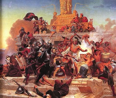 Spanish conquest of Aztec empire in 1519, showing then storming of the Teocalli. Aztec City, Aztec Civilization, Spanish Empire, Aztec Empire, Spanish Conquistador, The Aztecs, Aztec Culture, Aztec Warrior, Montezuma