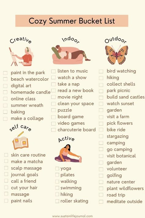 Self Bucket List, Summer Hobbies Aesthetic, Summer Slow Care, Hobbies For Summer, Summer To Do List Aesthetic, Summer Cozy Aesthetic, Summer Hobbies For Women, Summer 2024 Must Haves, Summer Self Care Ideas