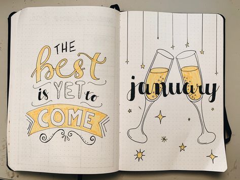 January Page Bullet Journal, January Title Page Bullet Journal, January Bujo Theme Ideas, January Journal Spread, Bullet Journal Monthly Theme Ideas, January Journal Page, Book Journal Title Page, Bullet Journal New Year Page, Month Title Page