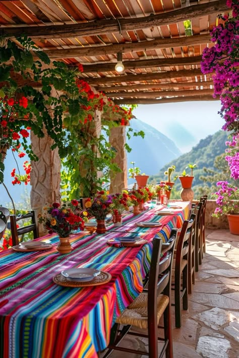 Hacienda Patio Ideas, Outdoor Mexican Restaurant, Mexican Fiesta Ideas, Mexican Porch Ideas, Outdoor Mexican Patio, Mexican Courtyard Hacienda Style, Mexican Outdoor Decor Patio, Spanish Patio Ideas, Mexican Buildings