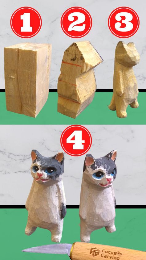 Wood Carved Animals For Beginners, Woodworking Cat Projects, Carve Wood For Beginners, Wood Whittling Animals, Cat Whittling Patterns, Cat Carving Wood, Step By Step Wood Carving, Animal Carving Patterns, Stick Carving Ideas Easy