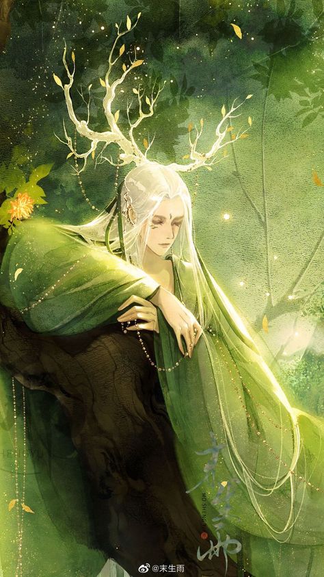 Elf God Art, Chinese God Character Design, Woodland Elf Art, Elf Kingdom Fantasy Art, Chinese God Art, Elf In Forest, Forest God Art, Forest Elf Drawing, Forest Elf Art