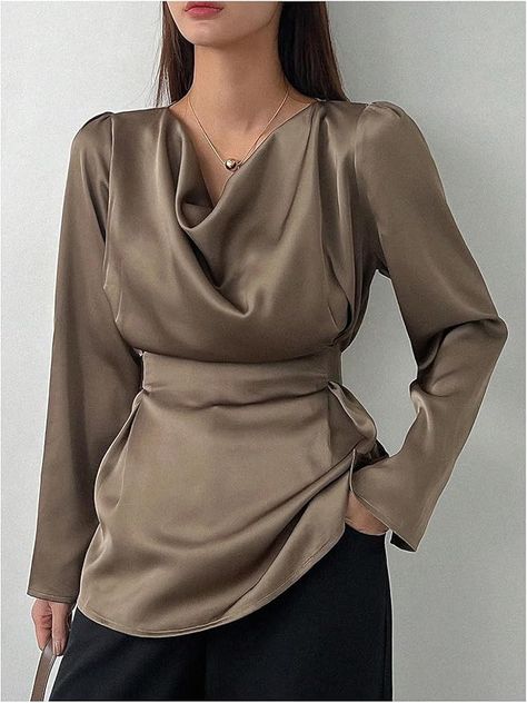 OYOANGLE Women's Satin Cowl Neck Draped Blouse Puff Long Sleeve Tie Waist Elegant Dressy Shirt Tops Satin Long Sleeve Top Outfit, Sleeve Top Outfit, Long Sleeve Top Outfit, Satin Long Sleeve Top, School Look, Dressy Shirts, Draped Blouse, Satin Long Sleeve, Puff Long Sleeves