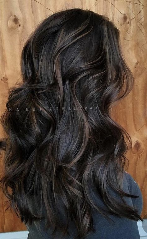 Subtle Dark Balayage, Dark Hair With Definition, Dark Brown With Black Lowlights, Dark Lowlights For Brunettes, Brunette With Black Lowlights, Dark Brown To Black Hair, Black Hair Subtle Balayage, Dark Brown With Black Highlights, Brunette With Black Highlights