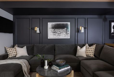 How One New Jersey Family’s Basement Went from Typical Suburbia to Super-Edgy Basement Inspiration, Home Cinema Room, Basement Living Rooms, Cozy Basement, Home Theater Rooms, Neutral Paint, Room Paint Colors, Wet Bars, Cinema Room