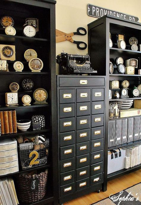 Dark Sewing Room, Apothecary Craft Room, Dark Craft Room, Craft Room Set Up, Farmhouse Craft Room, Vintage Craft Room, Dark Office, Vintage Office Supplies, Dream Craft Room