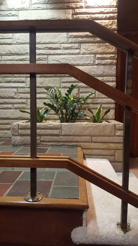 Mid Century built in planter Mcm Indoor Built In Planter, Mid Century Indoor Built In Planter, Mid Century Modern Porch Railing, Mid Century Railing, Planter Stairs, Mid Century Stair Railing, Mid Century House Interior, Modern Balcony Furniture, Mid Century Stairs