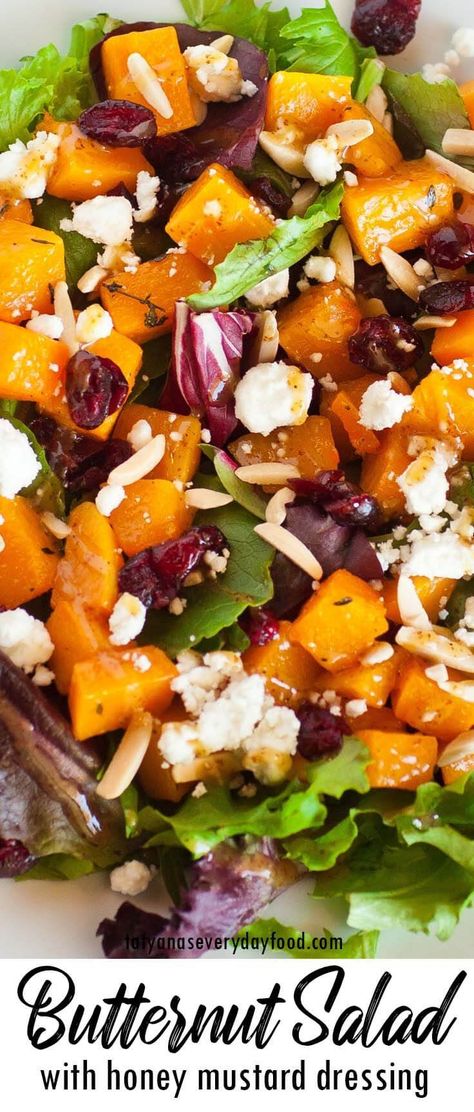 Butternut Squash Salad Recipes, Homemade Honey Mustard Dressing, Oven Roasted Butternut Squash, Salad Video, Easy Butternut Squash, Homemade Honey Mustard, The Best Salad, Creamy Goat Cheese, Butternut Squash Salad