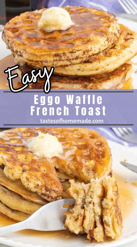 Frozen waffle French toast is a quick and easy breakfast that combines two popular breakfast foods: waffles and French toast!  These delicious French toast waffles come together quickly and easily with just a few ingredients.  The fluffy, golden brown French toast is lightly sweet with a taste of cinnamon.  They are the perfect breakfast any day of the week. Eggo French Toast Waffles, Toaster Waffles Ideas, Waffle French Toast, Farmers Breakfast, French Toast Batter, Menu Christmas, French Toast Pancakes, Perfect French Toast, French Toast Waffles