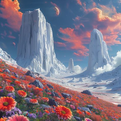 👽️⁠ A surreal landscape of towering white rock formations, covered in snow and surrounded by vibrant flowers on the ground. Above is an alien planet with multiple moons visible in its sky. The scene exudes tranquility and wonder as if it were captured from another world. Hyper realistic in the style of landscape photography --s 750 --v 6.0⁠ ⁠ ⁠ ⁠ #surrealart #landscape #aiimage #aipainting #digitalart #art #aiphoto #artist ⁠ #mountain #sky #scifiartwork #scifi #space #sciencefictionart Space Fantasy Landscape, Sci Fi Landscape Art, Alien World Concept Art, Alien Worlds Landscape, Planet Fantasy Art, Planet Moodboard, Alien Planet Concept Art, Alien Planet Art, Fantasy Mountain Landscape