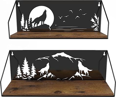 Wolf Room, Metalworking Projects, Howling Wolves, Wolf Decor, Decoration For Bedroom, Shelves For Wall, Cabin Bedroom, Shelf Decoration, Cnc Art