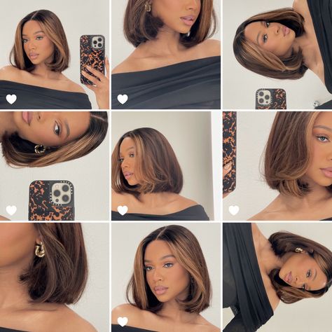 Classy Hair Black Women, Short Caramel Hair With Highlights, Hairstyles For Corporate Women, Caramel Hair Black Women, Balayage Bob Black Women, Chocolate Brown Bob Black Women, Highlighted Bob Black Women, Caramel Highlights Bob, Black Hair With Highlights Black Women