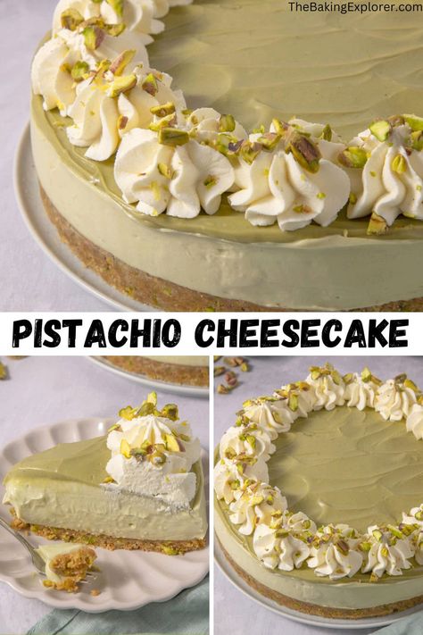 Recipe for Pistachio Cheesecake - a no bake cheesecake made with pistachio cream spread (pistachio butter) and pistachios #thebakingexplorer #nobakecheesecake #pistachio #pistachiocream #pistachiobutter Pistachio Cream Recipe Desserts, Pistachio Cheesecake No Bake, Pistachio Sweets, No Bake Pistachio Cheesecake, Pistachio Cream Recipe, Cheesecake Recipes No Bake, Pistachio Cheesecake Recipe, No Bake Cheesecake Recipes, Bridgerton Tea Party