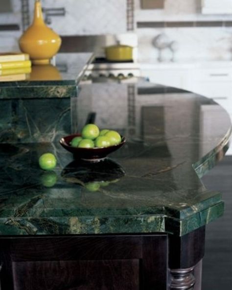 dark cabinets and green stone countertops create a chic moody look in the kitchen Dark Green Countertops, Inexpensive Kitchen Countertops, Unique Kitchen Countertops, Green Granite Countertops, Unique Countertops, Kitchen Counter Ideas, Granite Ideas, Green Countertops, Kitchen Countertop Ideas