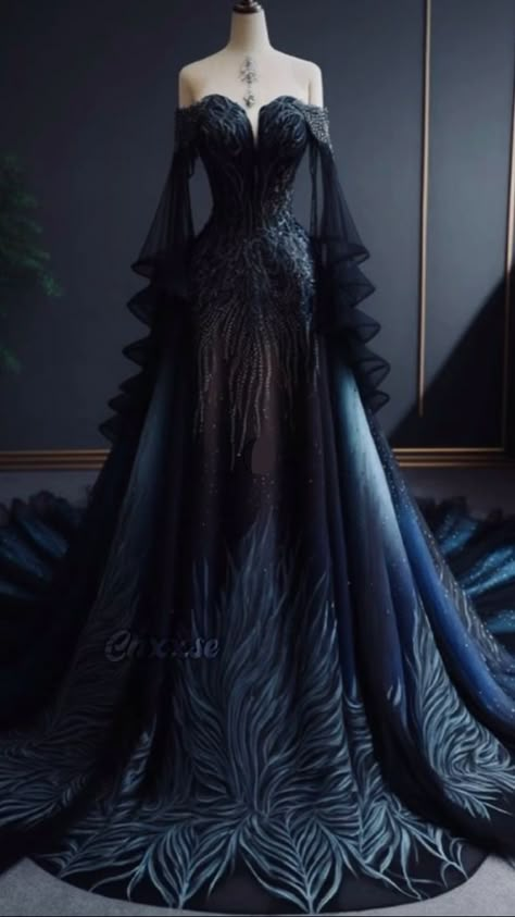 Light Formal Dress, Blue Vampire Outfit, Fantasy Gowns Warriors Dragon, Night Court Gown, Fantasy Dresses Aesthetic, Dark Forest Wedding Dress, Evil Princess Dress, Mystical Dresses Fairytale, Night Court Outfit