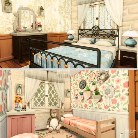 Sims 4 Cottage Living House Interior, Sims 4 Living Room Ideas Cottage, Cottagecore Bedroom Sims 4, Sims 4 Cc Cottagecore Bedroom, Sims Cottage Living Room, Cottage Bedroom Sims 4, Cozy Bedroom Sims 4, Cottage Living Room Sims 4, Sims 4 Cottage House Interior