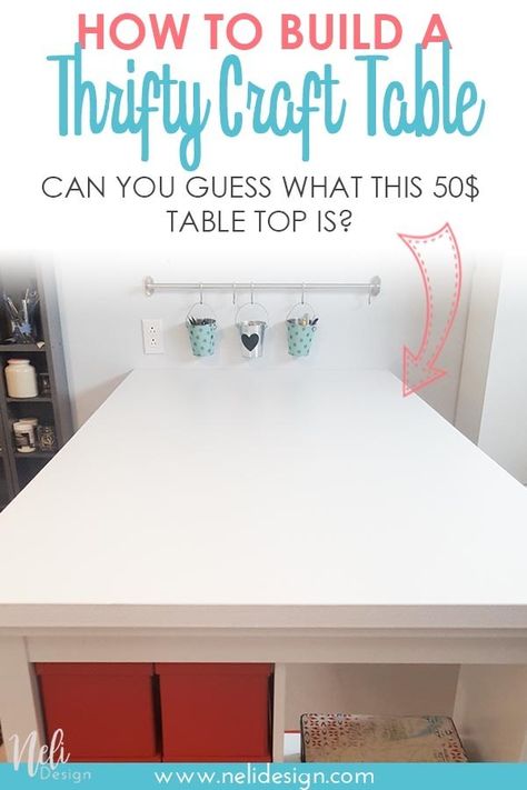 Find out how to build a custom standing large craft table on a budget with this IKEA hack. This thrifty table top is only 50$. This solution is cheap, affordable and easy to build. The best size for your craft room. #craft #build #crafttable #ikeahack Large Craft Table, Diy Craft Table, Diy Crafts Desk, Craft Room Desk, Craft Tables With Storage, Craft Room Tables, Ikea Craft Room, Ikea Crafts, Craft Tables