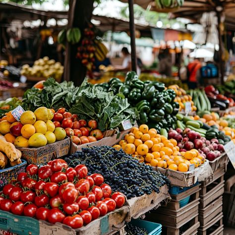 Vibrant Market Stall: Colorful fruits and vegetables artfully arranged on a bustling market stall catch the eye of shoppers. #market #fruits #vegetables #tomatoes #citrus #blueberries #fresh #produce #aiart #aiphoto #stockcake https://ayr.app/l/aA2a Fruit Stall, Market Stall, Market Stalls, Ripe Tomatoes, Colorful Fruit, Sketchbook Ideas, Fresh Produce, Fruits Vegetables, Lush Green